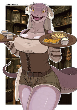 anthro belt beverage big_breasts border bottomwear breasts cheese clothing corset curled_horn dairy_products female female_anthro food happy holding_object horn kemono lingerie multicolored_body multicolored_tail nipple_outline open_mouth open_smile pink_body pink_scales plate pupils purple_body purple_scales scales sharp_teeth shorts slit_pupils smile solo spikes spikes_(anatomy) tail teeth tongue topwear tray white_border yellow_eyes osada bethesda_game_studios microsoft skyrim the_elder_scrolls argonian scalie 2021 digital_media_(artwork) hi_res portrait three-quarter_portrait translated_description