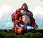 4_fingers anthro anthrofied biceps biped black_sclera blue_bottomwear blue_clothing bottomwear briefs bulge claws clothed clothing cloud countershade_face countershade_torso countershading detailed_background fingers forest looking_away low-angle_view macro male musclegut muscular muscular_anthro muscular_male nature navel outside pecs plant pokemorph red_body red_skin red_tail sky slightly_chubby solo spikes standing tail tan_body tan_countershading tan_skin teeth topless tree underwear white_claws yellow_eyes aokamidu nintendo pokemon generation_3_pokemon groudon legendary_pokemon pokemon_(species) digital_media_(artwork) hi_res shaded