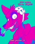 anthro bandage cigarette clothing gore grin looking_at_viewer machine male mask mutilated neon psychedelic simple_background smile smoke smoking solo synthwave text topwear vest fatz_geronimo five_nights_at_freddy's hotline_miami scottgames foxy_(fnaf) animatronic canid canine fox mammal robot colorful_theme crossover english_text