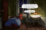 2020 anthro bed bottomless canid canine chair clothed clothing comic desk detailed_background dialogue disney duo english_text fox fur furniture gloves_(marking) hi_res inside judy_hopps lagomorph leporid light lighting mammal markings nick_wilde open_clothing open_shirt open_topwear orange_body orange_fur pillow pink_nose rabbit reaching reaching_for_butt red_fox s1m scut_tail shirt short_tail speech_bubble table tail text topwear true_fox window zootopia