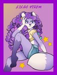 anthro bottomwear breasts clothing dipstick_tail female fur gloves_(marking) hair leg_markings markings midriff multicolored_tail purple_body purple_fur purple_hair shorts socks_(marking) solo tail tail_markings germainethevixen lilac_vixen canid canine fox mammal hi_res