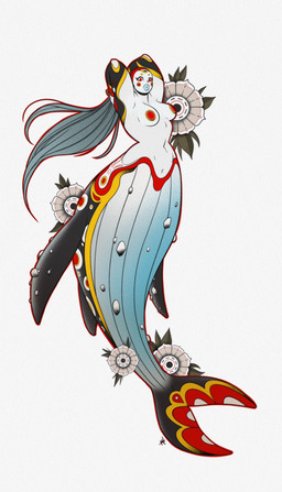 american_traditional breasts cheek_spots female fin flower hair lips long_hair navel nipples nude plant red_eyes solo split_form thick_lips white_body white_skin mike_henry aquatic cetacean humanoid mammal merfolk whale hi_res restricted_palette