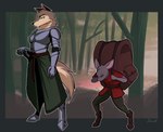 anthro armor armor_plates armored_boots armored_gloves backpack belt boots clothed clothing duo eyes_closed female footwear forest fur hand_on_weapon male plant shaking shoes struggling tail tree trembling jarnqk canid canine canis mammal mouse murid murine rodent wolf 2023 hi_res