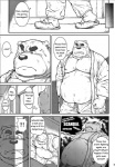 anthro bear beard belly biceps clothing comic dialogue english_text facial_hair fur greyscale hi_res jin_(artist) male mammal me_and_my_teacher monochrome muscular overweight polar_bear slightly_chubby text ursine