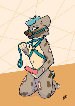 amogus animal_genitalia animal_penis anthro blue_hair bodily_fluids bondage_gear brown_body brown_fur canine_genitalia canine_penis collar cum erection fur genital_fluids genitals hair halter harness kneeling knot knot_root_grab leash leash_pull looking_aside male narrowed_eyes navel nipples penis pink_body pink_fur pink_hair red_penis sex shy simple_background smile solo tail tan_body tan_fur teeth raposanaranja canid canine canis domestic_dog hyena mammal absurd_res hi_res
