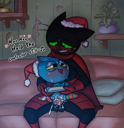 age_difference anthro black_body black_eyes blue_body blush cape christmas_clothing christmas_headwear clothing duo female female_penetrated furniture genitals gloves green_sclera handwear hat headgear headwear heart_symbol holidays larger_female leggings legwear loli male male/female male_penetrating male_penetrating_female musical_note musical_symbol narrowed_eyes nude older_male open_mouth pegleg penetration penile_spines penis pillow santa_hat sex size_difference smile sofa symbol text vaginal vaginal_penetration vulva yellow_sclera young young_anthro young_female soulcentinel cartoon_network christmas mao_mao:_heroes_of_pure_heart adorabat sheriff_mao_mao_mao bat mammal english_text hi_res