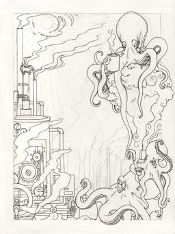 ambiguous_gender beverage factory feral fog food group machine mantle_(mollusk) siphon_(anatomy) smoke sun tea hibbary aquatic cephalopod coleoid mollusk octopodiform monochrome sketch