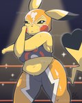 anthro belly bodily_fluids bra breasts camel_toe cleft_tail clothed clothing cosplay_pikachu_(costume) female fighting_ring genitals looking_at_viewer mask medium_breasts navel open_mouth pointy_ears side_boob slightly_chubby solo sports_bra spotlight sweat sweaty_breasts sweaty_legs sweaty_thighs tail thick_thighs underwear wearing_mask wrestler yellow_body conditional_dnp fervourbunny nintendo pokemon cosplay_pikachu_(character) pikachu_libre generation_1_pokemon mammal pikachu pokemon_(species) 2025 4:5 absurd_res digital_media_(artwork) hi_res signature watermark