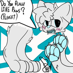 anthro blue_eyes blue_nails blue_nose blue_pawpads blue_tongue colored_nails fangs fur hair looking_back male nails open_mouth pawpads paws shy simple_background solo speech_bubble teeth text tongue white_body white_fur white_hair scotthzz domestic_cat felid feline felis mammal 1:1 english_text