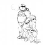 age_difference anthro bottomwear butt cigarette clothed clothing duo eyewear footwear fur glasses hair hand_in_pocket hands_in_both_pockets hoodie larger_male looking_at_viewer looking_back male musclegut muscular older_male overweight overweight_male pants partially_clothed pockets shoes short_stack simple_background size_difference smaller_male smile smoke smoking standing sunglasses text thick_thighs topless topwear underwear white_background younger_male anothermeekone chariot indigo_(chariot) max_lanestrummer bear mammal mustelid otter black_and_white english_text monochrome