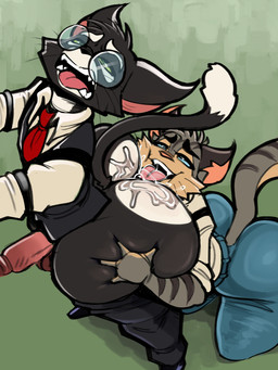 anal anthro balls big_butt big_penis black_body black_fur bodily_fluids bottomless bottomwear butt butt_grab clothed clothing denim denim_bottomwear denim_clothing duo eyewear fur genitals glasses half_naked hand_on_butt huge_butt jeans looking_up male male/male male_rimming_male necktie oral pants penis rimming rimming_male saliva sex shirt shirt_only simple_background tail thick_thighs topwear topwear_only wide_hips doeswhatever lackadaisy mordecai_heller rocky_rickaby domestic_cat felid feline felis mammal digital_drawing_(artwork) digital_media_(artwork) hi_res