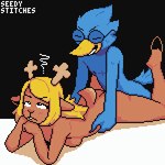 annoyed anthro antlers bed bent_legs black_eyes blonde_hair blue_body blue_feathers blush bodily_fluids bored bored_sex breasts brown_body brown_fur dominant dominant_male duo eye_roll eyes_closed eyewear feathers female femboy from_behind_position fur furniture genitals glasses grabbing_hips hair head_on_hand horn lying male male/female navel nipples nude orgasm_face orientation_play penis prone_bone_position scut_tail sex short_tail shy simple_background smile smirk sweat sweatdrop tail seedy_stitches_(artist) deltarune undertale_(series) berdly noelle_holiday avian bird blue_jay corvid deer jay_(bird) mammal new_world_deer new_world_jay oscine passerine reindeer 1:1 digital_media_(artwork) pixel_(artwork) restricted_palette shaded simple_shading