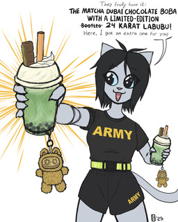 abstract_background anthro athletic_wear belt belt_buckle beverage black_bottomwear black_clothing black_hair black_shirt black_shorts black_t-shirt black_topwear blue_sclera bottomwear bubble_tea buckle candy chocolate clothing container cup dairy_products dessert dialogue disposable_cup female food fur glistening glistening_eyes grey_body grey_fur gym_bottomwear gym_shorts hair holding_beverage holding_object keychain long_tail medium_hair military military_uniform open_mouth pink_nose plushie reflective_clothing shirt shorts simple_background smile solo t-shirt tail text text_on_bottomwear text_on_clothing text_on_shorts text_on_topwear topwear uniform whipped_cream white_background nautilusbomb labubu_(toy) kim_hwacha_jang-mi domestic_cat felid feline felis mammal 2025 4:5 english_text hi_res
