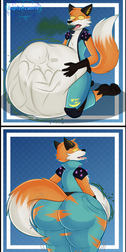 abdominal_bulge after_vore anthro belly big_belly big_butt biped black_border bodily_fluids border burp_cloud burping butt clothing fangs fatal_vore fur gloves gurgle_(sound_effect) hand_on_belly handwear heart_symbol huge_belly huge_butt knee_pads kneeling male multiple_prey obese open_mouth orange_body orange_fur overweight rumbling_stomach saliva shoulder_guards soft_vore solo standing tail teeth tongue tongue_out torn_clothing vore weight_gain white_body white_fur lapizacuario epic_games fortnite fennix_(fortnite) canid canine fox mammal 2022 absurd_res comic hi_res sequence watermark