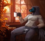 anthro autumn balls beak belly beverage black_body chair clothing container cup detailed_background feathers fur furniture genitals hair holding_container holding_cup holding_mug holding_object humanoid_genitalia humanoid_penis leaf looking_outside looking_through looking_through_window machine male mug muscular muscular_male nipples nude nude_anthro nude_male open_mouth outside penis plant sitting smile solo sweater tail thick_thighs topwear window moynzarek alphi_(nightbirby) avian bird corvid corvus_(genus) crow hybrid mammal oscine passerine protogen 2024 absurd_res digital_drawing_(artwork) digital_media_(artwork) hi_res