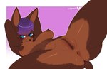 anthro anus areola big_breasts black_nose blue_eyes breasts brown_areola brown_body brown_fur brown_nipples butt eyebrow_through_hair eyebrows eyelashes female fur genitals hair hands_behind_head looking_at_viewer lying navel nipples nude on_back purple_hair pussy short_hair smile solo spread_legs spreading text translucent translucent_hair jollysart athena_(jim4209372929) canid canine canis dobermann domestic_dog mammal pinscher 2025 artist_name hi_res