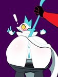 anthro anus blush bottomwear bottomwear_down butt clothed clothing disembodied_hand exclamation_point female floating_hands genitals open_mouth pants pants_down partially_clothed purple_background pussy rear_view simple_background solo surprised_expression tail tail_pull lovetopullmicke deltarune undertale_(series) tasque_manager darkner swatchling 2024 absurd_res hi_res