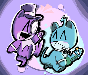 4_fingers ^_^ anthro blue_body bottle bow_tie cigarette clothing container eyes_closed eyewear fingers glass_bottle hat head_tuft headgear headwear holding_bottle holding_cigarette holding_container holding_object looking_back male male_anthro monocle open_mouth pawpads purple_background purple_body rosy_cheeks scut_tail shirt_collar shirt_cuffs short_tail simple_background smile tail tongue top_hat tuft corndogzella grand_theft_auto princess_robot_bubblegum_(gta) rockstar_games humpy_(princess_robot_bubblegum) saki_(princess_robot_bubblegum) mammal unknown_species 2023 digital_media_(artwork) dithering hi_res