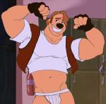 anthro black_nose brown_clothing brown_hair brown_topwear clothed clothing fingerless_gloves gloves grin hair handwear jockstrap light_body light_skin locker_room male midriff muscular muscular_anthro muscular_male navel pose shirt smile solo teeth topwear underwear vest white_clothing white_topwear white_underwear remert disney goof_troop chad_(a_goofy_movie) mammal portrait three-quarter_portrait