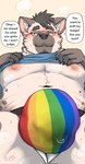 anthro big_bulge bulge clothing eyewear glasses heterochromia male multicolored_clothing multicolored_underwear rainbow_clothing rainbow_underwear text topwear_lift underwear theopieart mammal english_text hi_res