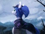 blue_hair clothed clothing day detailed_background female feral hair horn outside sky smile snow snowing solo rodrigues404 hasbro my_little_pony mythology fan_character equid equine mammal mythological_creature mythological_equine unicorn animated short_playtime