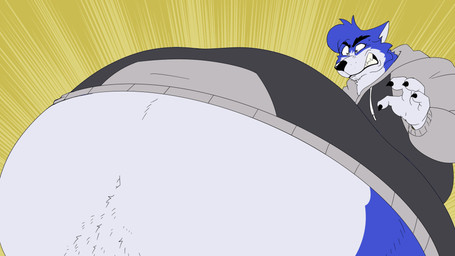 abdominal_bulge anthro belly big_belly blue_body blue_fur blue_hair claws clothing fangs fur grimace hair hoodie huge_belly male navel sharp_teeth solo struggling struggling_prey teeth topwear vore white_body white_fur reagan700 voodoo_(kitsunezero) canid canine canis mammal wolf 16:9 2026 2d_animation animated hi_res loop widescreen