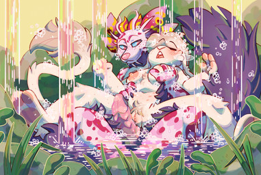 animal_genitalia antennae_(anatomy) anthro areola bathing big_penis big_tail blue_sclera blush blush_lines breast_grab breast_squish breasts breath brown_hair bubble chair_position detailed_background duo eyes_closed facial_markings female from_behind_position genital_slit genitals grinding gynomorph gynomorph/female hair hand_on_breast head_markings huge_penis humanoid_genitalia humanoid_vulva imminent_sex intersex intersex/female looking_at_another markings nipples open_mouth outside partially_submerged penis pink_blush pink_body pink_eyes pink_penis plant ridged_penis sex size_difference smile spots squish tail unusual_anatomy unusual_genitalia unusual_penis vulva waterfall white_body crownedvictory capcom monster_hunter crowned_(crownedvictory) hybrid lagomorph leporid leviathan_(mh) mammal mizutsune mouse murid murine rabbit rodent 2023 absurd_res digital_media_(artwork) digital_painting_(artwork) hi_res painting_(artwork)
