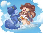anthro bikini blue_body blue_fur blue_hair blush breasts brown_body brown_fur brown_hair clothed clothing duo embarrassed female fur hair long_ears open_mouth outside sea sky swimwear tail two-piece_swimsuit undressing undressing_another undressing_partner water white_body white_fur high5art nintendo star_fox star_wars star_wars_visions krystal_(star_fox) lop_(star_wars_visions) canid canine canis fox lagomorph lepi leporid mammal rabbit 2024 crossover digital_media_(artwork) hi_res