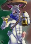 abs alcohol anthro balls beverage biceps biped cigar clothed clothing drinking erection fur genitals hair humanoid_genitalia humanoid_penis looking_at_viewer male muscular muscular_anthro muscular_male nipples nude pecs penis simple_background smile smoke smoking solo standing jakensitou deer mammal 2016 hi_res