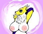 anthro areola arm_warmers armwear big_areola big_breasts blep breasts clothing countershading female front_view hand_behind_head mostly_nude neck_tuft nipples pink_background pink_nipples purple_armwear purple_clothing simple_background solo tongue tongue_out tuft infernaltanuki bandai_namco digimon canid digimon_(species) mammal renamon digital_media_(artwork) half-length_portrait hi_res portrait