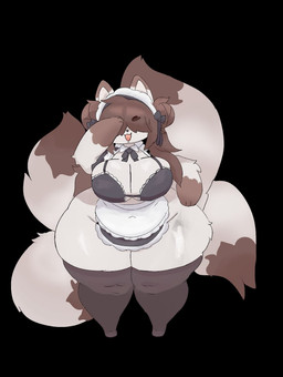 4_tails anthro big_breasts big_butt breasts butt clothing female huge_hips maid_uniform multi_tail shortstack solo tail uniform wide_hips spikex canid canine fox mammal hi_res