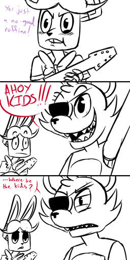 anthro bow_(feature) bow_tie buckteeth dialogue duo electric_guitar eye_patch eyewear guitar holding_musical_instrument holding_object machine male musical_instrument plucked_string_instrument simple_background string_instrument teeth text white_background inkyfrog five_nights_at_freddy's scottgames bonnie_(fnaf) foxy_(fnaf) animatronic canid canine fox lagomorph leporid mammal rabbit robot 2015 english_text hi_res