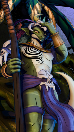 anthro bone bone_mask bottomwear clothing feathers forest gold_(metal) gold_jewelry green_body jewelry jungle light loincloth looking_at_viewer low-angle_view male mask outline plant skull skull_mask smile smiling_at_viewer solo standing sunlight tattoo tree tribal tribal_clothing tribal_tattoo yellow_eyes briganfi terraria witch_doctor_(terraria) scalie 3d_(artwork) absurd_res cel_shading digital_media_(artwork) hi_res shaded