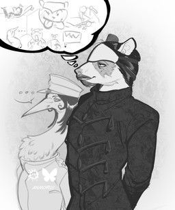 anthro clothing coat duo female hat headgear headwear jacket looking_at_another male male/female military_uniform simple_background speech_bubble thought_bubble topwear uniform anmoriiii golden_kamuy tsurumi_tokushirou avian bird dasyurid dasyuromorph mammal marsupial stork tasmanian_devil black_and_white greyscale hi_res line_art meme monochrome sketch