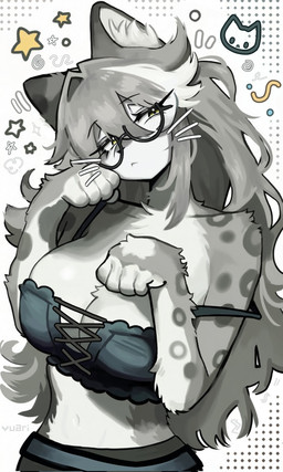5_fingers anthro big_breasts black_eyewear black_glasses breasts cleavage clothed clothing eyebrow_through_hair eyebrows eyelashes eyelashes_through_hair eyewear female female_anthro fingers fur glasses grey_body grey_fur grey_hair grey_spots hair hair_between_eyes highlights_(coloring) long_hair looking_at_viewer markings multicolored_body multicolored_fur narrowed_eyes navel paw_pose pose short_snout simple_background solo spots spotted_body spotted_fur text translucent translucent_hair two_tone_body two_tone_fur whisker_markings white_background white_body white_fur white_highlights vuari felid mammal pantherine snow_leopard 2026 artist_name hi_res