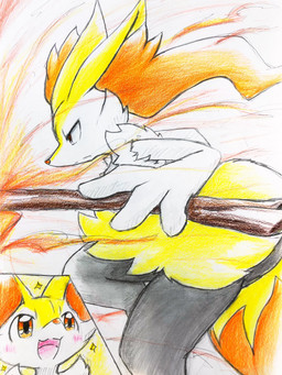 ambiguous_gender arm_tuft attack big_ears blush chest_tuft duo fire fluffy fluffy_tail fur hip_tuft holding_object inner_ear_fluff looking_at_object multicolored_body multicolored_fur multicolored_tail open_mouth open_smile pink_tongue pose red_eyes semi-anthro serious shoulder_tuft side_view simple_background smile standing stick tail tongue tuft two_tone_tail white_body white_fur eiroru nintendo pokemon braixen generation_6_pokemon pokemon_(species) 2020 3:4 hi_res traditional_media_(artwork)