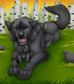 ambiguous_feral ambiguous_gender black_claws black_pawpads claws eyes_closed fangs feral forest fur grass grey_body grey_fur grey_tail lying on_front open_mouth outside pawpads plant plushie rock solo tail teeth tree killthe_demon canid canine mammal hi_res