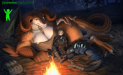 anthro big_breasts breasts campfire female feral gameplay_mechanics group horn huge_breasts male muscular muscular_anthro muscular_female scales sitting size_difference smile tail thick_thighs trio maocrowhard fallout microsoft deathclaw human mammal monster night_stalker_(fallout) scalie