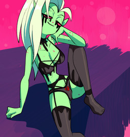 bra breasts cleavage clothed clothing feet female fingers freckles garter_belt garter_straps genitals green_body green_nipples green_skin hair hand_on_own_face humanoid_pointy_ears legwear lingerie long_hair looking_at_viewer narrowed_eyes nipples noseless not_furry panties pink_sclera pointy_ears pubes sitting smile solo thigh_highs toes underwear vulva white_hair inker_comics disney wander_over_yonder lord_dominator alien alien_humanoid humanoid 2022 hi_res