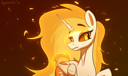 female feral fire flowing_mane fur glowing hair horn looking_at_viewer orange_eyes orange_hair quadruped solo warm_lighting white_body white_fur pegasusyay friendship_is_magic hasbro my_little_pony daybreaker_(mlp) equid equine horse mammal pony 5:3 absurd_res bust_portrait digital_drawing_(artwork) digital_media_(artwork) hi_res portrait