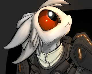 4_ears >:< abstract_background ambiguous_anthro ambiguous_gender anthro armor big_eyes black_armor clothed clothed_ambiguous clothed_anthro clothing facial_tuft feather_tuft feathers glistening glistening_eyes head_tuft head_turned looking_up mouth_closed multi_ear no_sclera noseless pivoted_ears pupils red_eyes short_snout snout solo tuft white_body white_feathers compound_lift avali avian 2016 5:4 bust_portrait digital_media_(artwork) portrait shaded