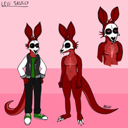 anthro black_eyes bone bone_mask bottomwear clothing footwear jacket long_tail male mask nails pants red_body shoes skull skull_head skull_mask solo tail teeth topwear kangaroo macropod mammal marsupial 1:1 hi_res