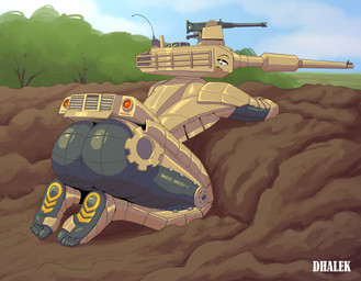 anthro armor ass_up bedroom_eyes big_butt butt cannon crouching dirt feet gun kneeling leaning leaning_forward looking_at_viewer looking_back machine male narrowed_eyes on_ground presenting presenting_hindquarters ranged_weapon seductive smile solo tank_(vehicle) thick_thighs tracked_vehicle turret turret_head vehicle weapon dhalek living_machine living_tank living_vehicle digital_media_(artwork) hi_res