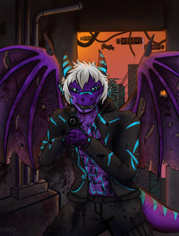 abs aiming_at_viewer aiming_weapon anthro athletic athletic_anthro athletic_male blood bodily_fluids building dusk gun hair horn male pecs ranged_weapon rifle scales solo spacecraft tail vehicle ventral_scales weapon white_hair wings wounded nexotheotter mythology grydir_dacanoor_(griffonki) dragon mythological_creature mythological_scalie scalie absurd_res hi_res