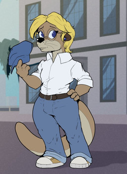 anthro belt blonde_hair blue_ear_piercing blue_eyes bottomwear building city clothing day eyewear footwear glasses hair hand_on_hip hat headgear headwear male otter_tail outside pants shirt shoes solo standing topwear whiskers pandottermon parker_(pandottermon) mammal mustelid otter 2026 colored