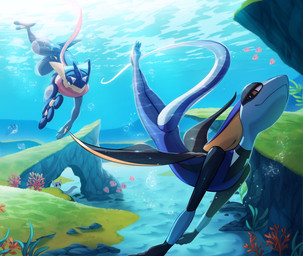 2_toes 3_fingers 3_toes anthro biped blue_body blue_tail brown_eyes butt detailed_background duo feet fingers front_view male nude nude_anthro nude_male open_mouth smile tail toes tongue underwater water donutella nintendo pokemon dratini generation_1_pokemon generation_3_pokemon generation_4_pokemon generation_6_pokemon generation_8_pokemon greninja inteleon luvdisc mantyke pokemon_(species) 2026 absurd_res digital_drawing_(artwork) digital_media_(artwork) hi_res