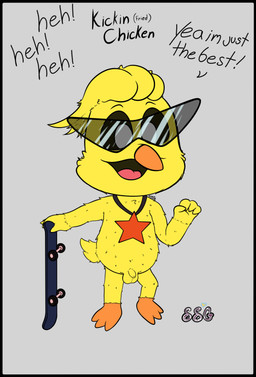anthro black_border border eyewear genitals glasses male nude penis skateboard solo standing vehicle young somestickygoo mob_entertainment poppy_playtime smiling_critters kickinchicken avian bird chicken galliform phasianid absurd_res hi_res