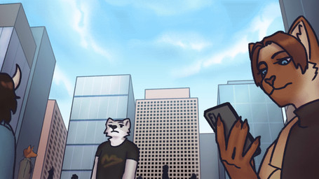 anthro black_body black_fur building building_destruction city destruction feral field fur glowing glowing_eyes glowing_nails gold_(metal) horn licking macro male micro nails sky solo tongue lawsonia haid_drex(algaria) taur 16:9 animated widescreen