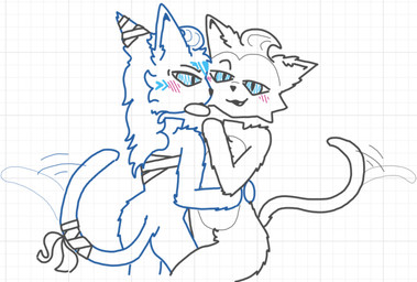 annoyed anthro bandage bandaged_chest bandaged_ear bandaged_tail belly black_nose blue_eyes blush butt close_together duo embarrassed eye_contact fur fur_markings gazing glowing glowing_markings grey_body hair head_tuft holding_each_other holding_head holding_torso imminent_kiss imminent_sex long_hair looking_at_another male male/male markings nude nude_male open_mouth pose short_hair standing tail tail_motion tailwag tuft white_belly white_body white_fur nobuddy ponos_corp. the_battle_cats d'arktanyan_(the_battle_cats) d'artanyan_(the_battle_cats) domestic_cat felid feline felis mammal digital_media_(artwork) hi_res sketch whiteboard_fox_(artwork)
