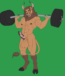abs anthro athletic balls biceps big_balls body_hair erection exercise flexing fur genitals grin gym horn huge_balls male muscular muscular_anthro muscular_male nipples nude nude_workout open_mouth pecs penis pose smile solo standing teeth weightlifting weights workout zwolf bovid felid feline hybrid lion mammal pantherine hi_res